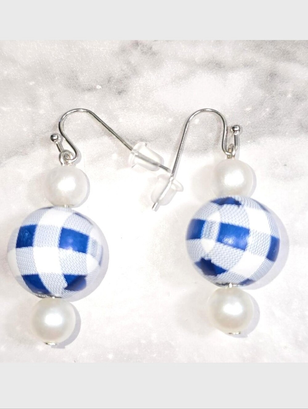 Handmade  Blue and White Gingham Wood Drop Dangling Bohemian Nautical Earrings